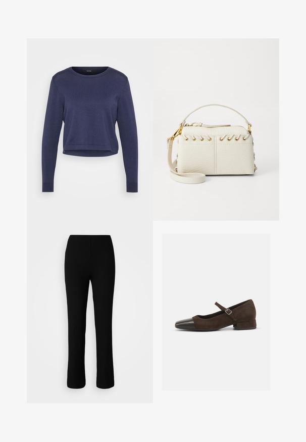 Tumši zilas krāsas kroptās džemperis, izgatavots no mīksta dzijas materiāla. Ar apaļu kakla izgriezumu un garām piedurknēm ar ribotām malām.Vienkāršs, elegants dizains.; Melnas ribām adītas bikses ar elastīgu jostu, kas izceļas ar pieguļošu siluetu, taisnām kājām un maigu tekstūru.; Brūni zamšādas Mary Jane apavi ar melnu lakotu purngalu, regulējamu siksniņu un zemu blokveida papēdi. Gluda tekstūra ar minimāliem akcentiem.; Baltā mākslīgā āda somiņa ar augšējo rāvējslēdzēju, īsu rokturi un noņemamu krūšu siksnu ar zelta krāsas aksesuāriem. Sānu diegu detaļa.; Sudraba auskars ar pulētu apdari, ar maziem zelta akcentiem un apaļu formu, uz ausu ļipiņas.
