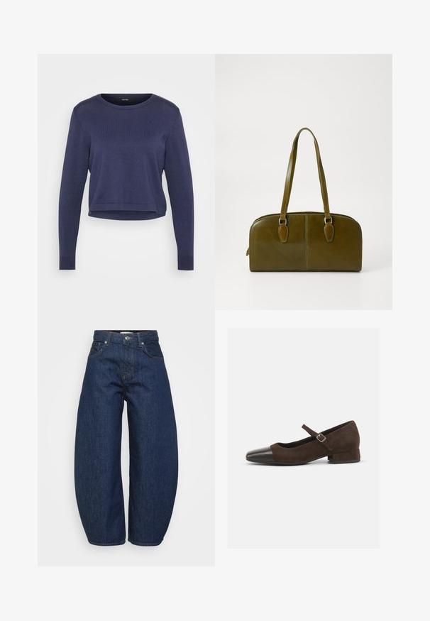 Tengerészkék, rövidített pulóver, puha kötött anyagból készült. Kerek nyakkivágással és hosszú ujjakkal rendelkezik, amelyek bordás passzékkal záródnak. Egyszerű, letisztult dizájn.; Sötétkék farmernadrág, széles, lazán szabott fazonban. Cipzáras elülső rész, négy zsebbel és kontrasztos varrással a varratok mentén.; Barna velúr Mary Jane cipő fekete lakk bőrből készült orr résszel, állítható pánttal és alacsony blokk sarkával. Simább textúra minimális díszítésekkel.; Oliva zöld bőr kézitáska kerek formával, dupla fogantyúval és sima elülső résszel. Jellemzője a sima textúra és a diszkrét varrási részletek.; Ez egy ezüst fülbevaló, sima felülettel, amelyen apró arany díszítőelemek találhatók. Kerek formájú és a fülcimpán viselik.