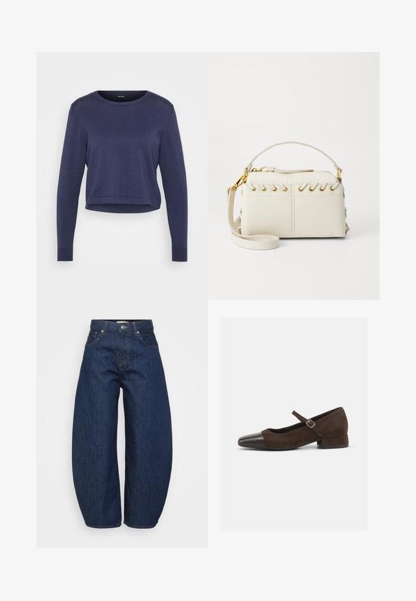 Granatowy, krótkowłosy sweter z miękkiego materiału dzianinowego. Posiada okrągły dekolt i długie rękawy z ribbowymi mankietami. Prosty, elegancki design.; Jeansy dżinsowe w ciemnoniebieskim kolorze z wysokim stanem i szerokimi nogawkami, z zapięciem na guziki i suwak z przodu oraz klasycznym pięciopocketowym designem.; Brązowe zamszowe buty typu Mary Jane z czarnym lakierowanym noskiem, regulowanym paskiem i niskim, blokowym obcasem. Gładka tekstura z minimalnymi akcentami.; Biała torebka z sztucznej skóry z górnym zamkiem błyskawicznym, krótkim uchwytem oraz odpinanym paskiem na ramię z okuciami w kolorze złotym. Szczegóły w postaci sznurków po bokach.; Srebrny kolczyk w kształcie koła z polerowanym wykończeniem, z małymi złotymi akcentami, noszony na płatku ucha.