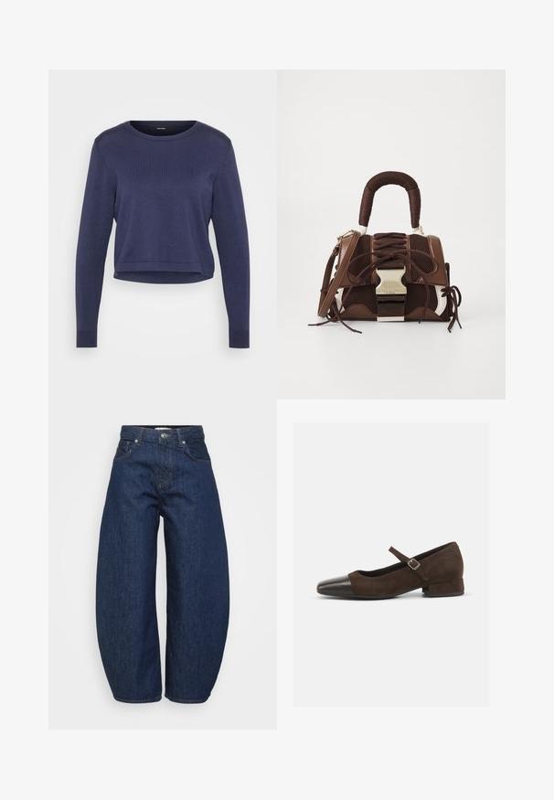 Tamsiai mėlynas trumpas megztinis, pagamintas iš minkštos mezginio medžiagos. Turi apvalų iškirpimą ir ilgomis rankovėmis su raukšlėtomis rankovėmis. Paprastas, elegantiškas dizainas.; Aukštai juosmens tamsiai mėlynos džinsinės kelnės su plačiomis kojomis, priekyje esančiu mygtuku ir užtrauktuku, bei klasikine penkių kišenių išvaizda.; Rudos zomšiniai Mary Jane bateliai su juodu patentuotų odos smailiu pirštu, reguliuojama juosta ir žemu blokuotu kulnu. Lygus paviršius su minimaliais akcentais.; Rudas rankinė su tekstūruotu tinklo dizainu, turinti struktūrizuotą formą, surištas raištis, sidabrinius akcentus ir kontrastingą baltą pagrindą.; Sidabrinė lankinė auskarai su poliruotu paviršiumi, turintys mažus auksinius akcentus ir apvalią formą, dėvimi ant ausies kaušelio.