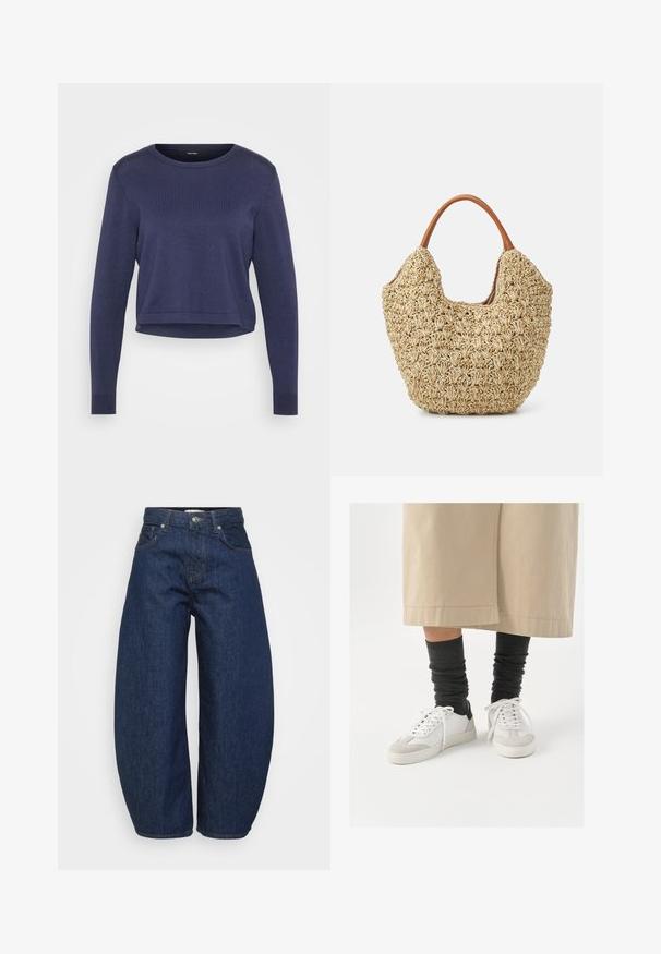Pull azul-marinho cropped feito de um material de malha suave. Apresenta um decote redondo e mangas longas com punhos canelados. Design simples e elegante.; Calças de ganga azul escuro com um corte largo e descontraído. Apresentam fecho de correr, quatro bolsos e costura contrastante ao longo das costuras.; Sapatilhas brancas e cinzas com um detalhe preto no calcanhar, apresentando um cabedal em couro liso e uma ponta em camurça texturizada. Usadas com meias escuras cinzas e largas.; Saco de palha trançada com uma textura natural e uma forma suave e orgânica, apresentando alças de couro castanho para facilitar o transporte.