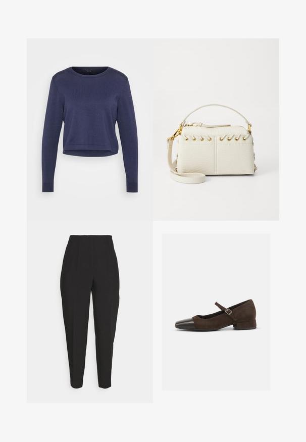 Tengerészkék, rövidített pulóver, puha kötött anyagból készült. Kerek nyakkivágással és hosszú ujjakkal rendelkezik, amelyek bordás passzékkal záródnak. Egyszerű, letisztult dizájn.; A fekete, szabott nadrágok magas derékkal, elülső redőkkel, keskeny lábakkal és sima felülettel rendelkeznek. Könnyű anyagból készültek, és nincs látható záródás.; Barna velúr Mary Jane cipő fekete lakk bőrből készült orr résszel, állítható pánttal és alacsony blokk sarkával. Simább textúra minimális díszítésekkel.; Fehér műbőr kézi táska, felső cipzárral, rövid fogantyúval és levehető keresztpántos vállpánttal, arany színű fémrészletekkel. Oldalsó fűzés részlet.; Ez egy ezüst fülbevaló, sima felülettel, amelyen apró arany díszítőelemek találhatók. Kerek formájú és a fülcimpán viselik.