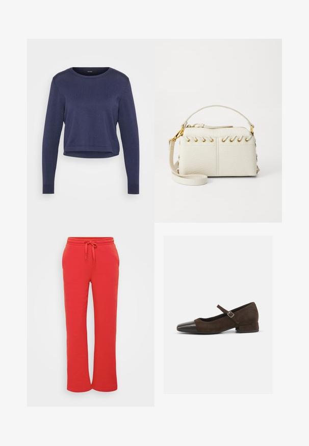 Tamsiai mėlynas trumpas megztinis, pagamintas iš minkštos mezginio medžiagos. Turi apvalų iškirpimą ir ilgomis rankovėmis su raukšlėtomis rankovėmis. Paprastas, elegantiškas dizainas.; Raudoni sportiniai kelnes, pagamintos iš minkšto medvilnės, su elastinga juosmens juosta ir virvele, bei tiesiu kelių dizainu. Lygi tekstūra.; Rudos zomšiniai Mary Jane bateliai su juodu patentuotų odos smailiu pirštu, reguliuojama juosta ir žemu blokuotu kulnu. Lygus paviršius su minimaliais akcentais.; Balta dirbtinės odos rankinė su viršutiniu užtrauktuku, trumpa rankena ir nuimamu per petį nešančiu diržu su auksinės spalvos furnitūra. Šoniniai raišteliai.; Sidabrinė lankinė auskarai su poliruotu paviršiumi, turintys mažus auksinius akcentus ir apvalią formą, dėvimi ant ausies kaušelio.