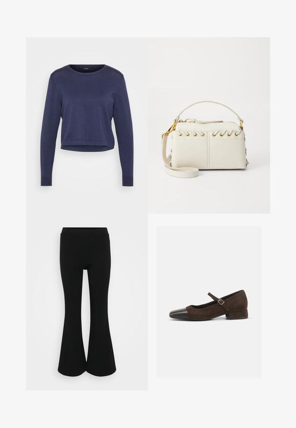 Tumedat sinine lühiainen kudum, mis on valmistatud pehmest kudumismaterjalist. Omab ümmargust kaelust ja pikki varrukaid ribatud mansettidega. Lihtne ja stiilne disain.; Mustad flared püksid, millel on sile tekstuur ja elastne vöökoht, kitsas ülaosa ning laiad avad allääres.; Pruun nubukist Mary Jane sandaal musta lakknahaga varvaga, reguleeritava rihmaga ja madala plokknähtud kontsaga. Sile tekstuur ja minimaalsed aktsendid.; Valge kunstnahast kott, millel on ülemine tõmblukk, lühike käepide ja eemaldatav ristkeha rihm kuldsete detailidega. Külgade lacing detail.; Hõbedane rõngas kõrvarõngas poleeritud viimistlusega, millel on väikesed kuldsed aktsendid ja ümmargune kuju, kantud lobus.