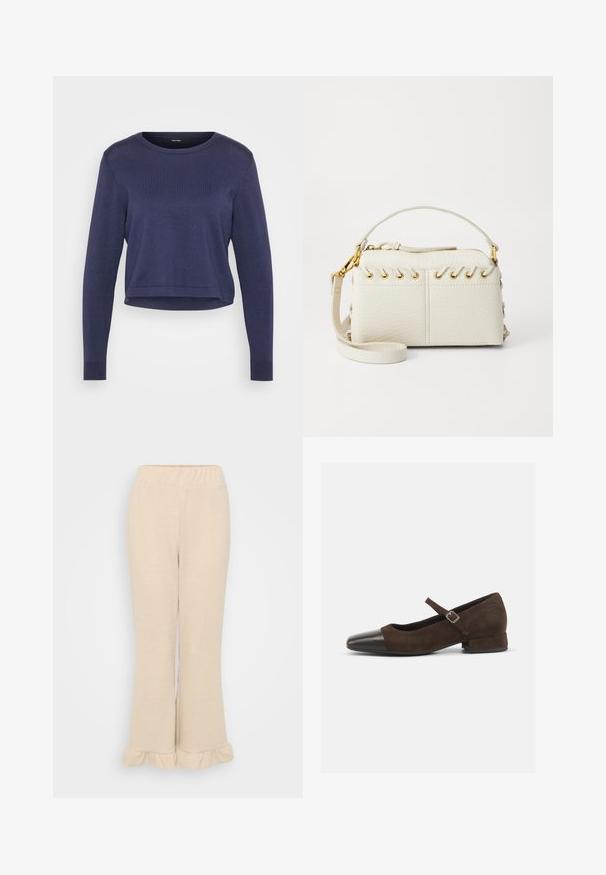 Maglione corto blu navy realizzato in morbido materiale a maglia. Presenta un collo rotondo e maniche lunghe con polsini a costine. Design semplice ed elegante.; Pantaloni a coste di colore crema, con vita elastica e fondo svasato caratterizzato da dettagli arricciati nella parte inferiore. Texture liscia.; Scarpa Mary Jane in suede marrone con punta in vernice nera, cinturino regolabile e tacco basso a blocco. Texture liscia con dettagli minimi.; Borsa a mano in finta pelle bianca con zip superiore, manico corto e tracolla rimovibile con hardware in tono oro. Dettaglio di laccio laterale.; Orecchino a cerchio in argento con finitura lucida, caratterizzato da piccoli dettagli in oro e una forma tondeggiante, indossato sul lobo.