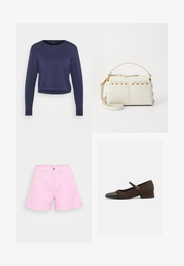 Pull court bleu marine en maille douce. Il a un col rond et des manches longues avec des poignets côtelés. Design simple et épuré.; Shorts rayés roses en tissu léger, dotés d'une fermeture à bouton, de deux poches avant et d'une coupe décontractée pour le confort.; Chaussure Mary Jane en daim marron avec un embout en cuir verni noir, bride ajustable et un petit talon carré. Texture lisse avec de minimalistes accents.; Sac à main en simili cuir blanc avec une fermeture éclair sur le dessus, une courte poignée et une bandoulière amovible avec des détails en métal doré. Détail de laçage sur le côté.; Boucle d'oreille en argent avec une finition polie, présentant de petits détails en or et de forme ronde, portée sur le lobe.