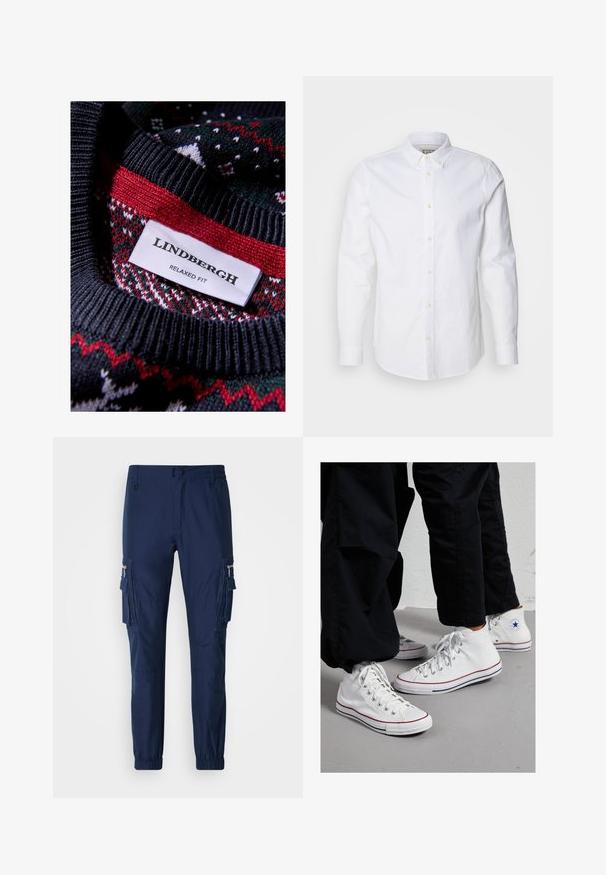 Czarny sweter dzianinowy z teksturowanym wzorem z czerwonymi i zielonymi akcentami. Metka głosi "LINDBERGH RELAXED FIT."; Biała koszula z długim rękawem i zapięciem na guziki, wykonana z bawełny, z wyraźnym kołnierzykiem, dyskretnym haftem logo oraz jasnobrązowymi guzikami.; Granatowe spodnie cargo wykonane z lekkiego materiału, z bocznymi kieszeniami, elastycznymi mankietami i szczegółem w postaci kieszeni na zamek.; Białe płócienne sneakersy za kostkę z gumową podeszwą, posiadające srebrne oczka oraz czerwone i granatowe paski wzdłuż podeszwy.