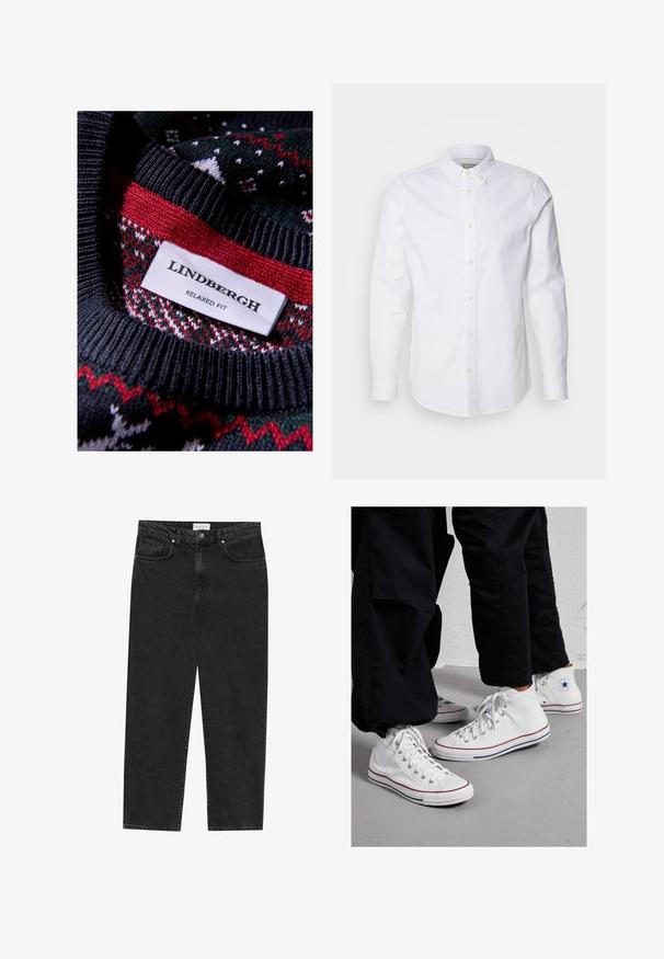 Mustalla neulotulla villapaidalla, jossa on tekstuuri ja punaisia ja vihreitä yksityiskohtia. Etiketissä lukee "LINDBERGH RELAXED FIT."; Valkoinen pitkähihaista nappipaitaa puuvillasta, jossa on rakenteellinen kaulus, hillitty logon brodeeraus ja vaaleanruskeat napit.; Mustat farkut suoran lahkeen muotoilulla, joissa on viisi taskua, nappikiinnitys ja hienovarainen haalistunut tekstuuri. Ominaisuuksiin kuuluu ompeluakkentit saumoissa.; Valkoiset kankaiset korkeat tennarit, joissa on kumipohja, hopeiset silmukat ja punaiset sekä laivastonsiniset raidat pohjan ympärillä.