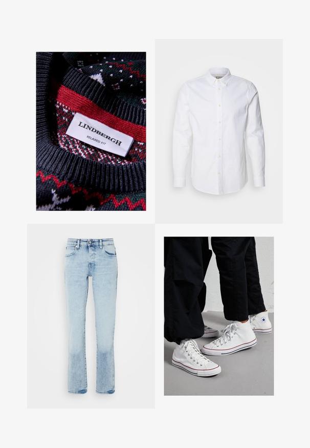 Čierny pletený sveter s textúrovaným vzorom a červenými a zelenými akcentmi. Štítok znie "LINDBERGH RELAXED FIT."; Biela košeľa s dlhým rukávom, vyrobená z bavlny, s pevným golierom, jemným vyšívaným logom a svetlobežovými gombíkmi.; Svetlo modré džínsy s rovnými nohavicami, piatimi vreckami, jemným poškriabaním a mierne vyblednutou textúrou na leme.; Biele plátno vysoké tenisky s gumovou podrážkou, s kovovými očkami v striebornom odtieni a červenými a námorníckymi pruhmi pozdĺž podrážky.