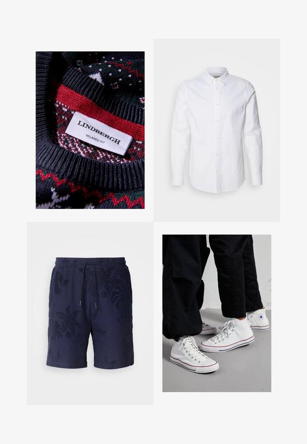 Zwarte gebreide trui met een textuurpatroon en rode en groene accenten. Etiket zegt "LINDBERGH RELAXED FIT."; Witte blouse met lange mouwen van katoen, met een gestructureerde kraag, subtiele logo borduursel en lichtbruine knopen.; Navyblauwe shorts met elastische taille en trekkoord, voorzien van subtiele bloemtexturen in de stof.; Witte canvas hoge sneakers met een rubberen zool, voorzien van zilveren oogjes en rode en marineblauwe strepen langs de zool.