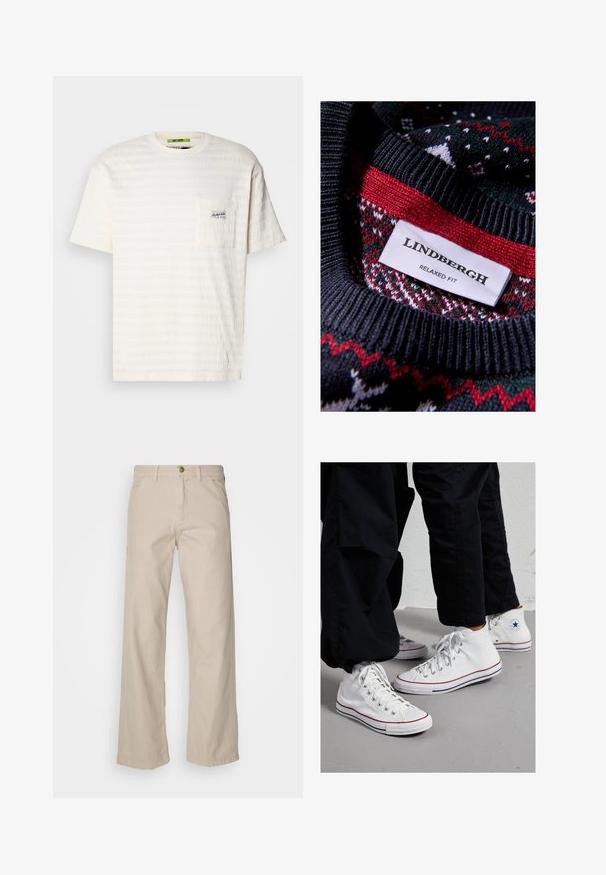 Schwarzer Strickpullover mit einem texturierten Muster und roten sowie grünen Akzenten. Das Etikett trägt die Aufschrift "LINDBERGH RELAXED FIT."; Weißes T-Shirt mit strukturiertem Muster, Rundhalsausschnitt, kurzen Ärmeln und einer linken Brusttasche mit einem kleinen Logolabel.; Beige Baumwollweite Hosen mit fünf Taschen, einem Knopfverschluss und Gürtelschlaufen; glatte Textur mit geradem Schnitt und Saum.; Weiße Canvas High-Top-Sneaker mit Gummisohle, ausgestattet mit silbernen Ösen und roten sowie marineblauen Streifen entlang der Sohle.