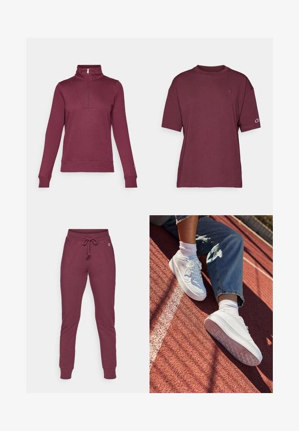 Bordeauxfarbener Pullover-Sweatshirt mit Halbzipp-Kragen, langen Ärmeln und gerippten Bündchen. Verfügt über ein vorderes Einsatzelement und eine weiche Stofftextur.; Burgunderfarbenes T-Shirt mit kurzen Ärmeln aus weicher Baumwolle, mit einem runden Halsausschnitt und Logodetail auf der linken Brust und dem Ärmel.; Bordeauxfarbene Jogginghosen aus weichem Material mit einem Kordelzugbund, gerippten Bündchen und einem kleinen Logo-Detail an der Hüfte.; Weiße Ledersneaker mit perforierter Zehenpartie, flachen Schnürsenkeln und Gummisohle. Getragen mit weißen Socken und hellblauen Jeans, auf einer roten Laufbahn.