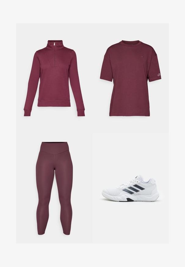 Sweatshirt pullover vinho com colarinho de meia zip, mangas longas e punhos canelados. Apresenta um detalhe inserido na frente e uma textura de tecido suave.; T-shirt de manga curta bordeaux, feito de algodão suave, com decote redondo e detalhe do logótipo no peito esquerdo e na manga.; Leggings cor de vinho feitos de um tecido elástico; cintura alta, design ajustado, textura suave, costura sem emendas e sem padrões ou acentos visíveis.; Tênis atlético branco com parte superior em malha, três listras pretas de cada lado, detalhes texturizados e uma sola de borracha resistente com uma seção preta contrastante.