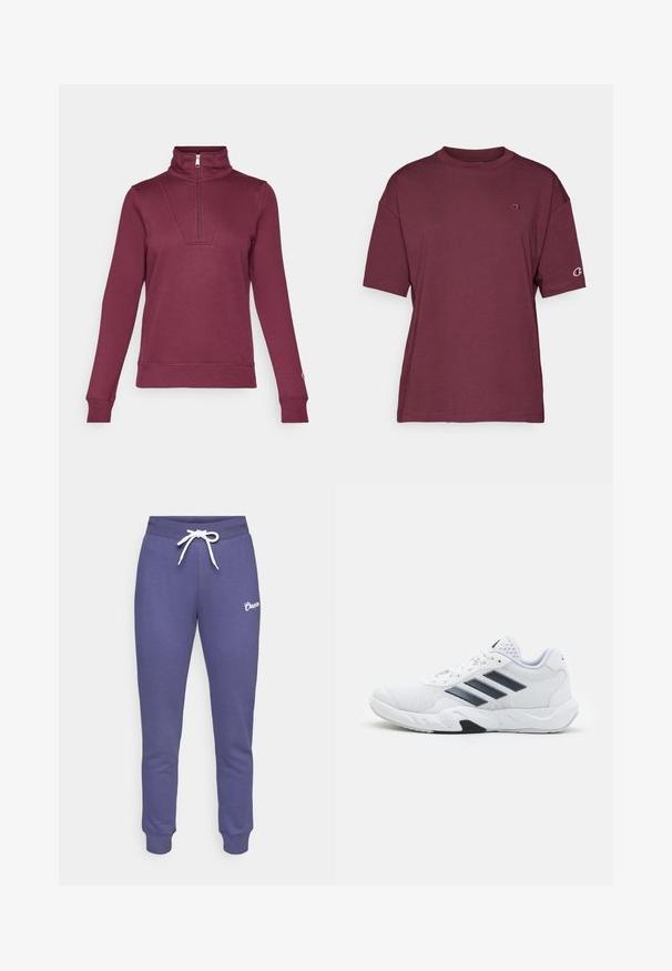 Sweatshirt pullover vinho com colarinho de meia zip, mangas longas e punhos canelados. Apresenta um detalhe inserido na frente e uma textura de tecido suave.; T-shirt de manga curta bordeaux, feito de algodão suave, com decote redondo e detalhe do logótipo no peito esquerdo e na manga.; Calças de moletão roxas em cotton com cordão branco, apresentando um design de perna afinada e um pequeno logotipo branco na coxa esquerda.; Tênis atlético branco com parte superior em malha, três listras pretas de cada lado, detalhes texturizados e uma sola de borracha resistente com uma seção preta contrastante.
