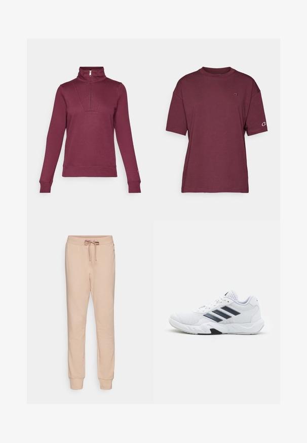 Bordo spalvos megztinis su pusiau užtrauktuku, ilgomis rankovėmis ir guma apibriestais rankogaliais. Yra priekinė įstatyta detalė ir švelni audinio tekstūra.; Bordo trumpa rankovė t-shirt iš minkštos medvilnės, su apvaliu kaklu ir logotipo detale kairėje krūtinės pusėje bei ant rankovės.; Šviesiai rudos spalvos sportinės kelnės, pagamintos iš minkštos, tamprios medžiagos. Turi raištelių juosmenį, prigludusias rankoves ir lygią tekstūrą be raštų ar akcentų.; Baltas sportinis batelis su tinklelio viršumi, trimis juodomis juostelėmis šone, tekstūruotais akcentais ir tvirtu guminio pado su kontrastinga juoda dalimi.