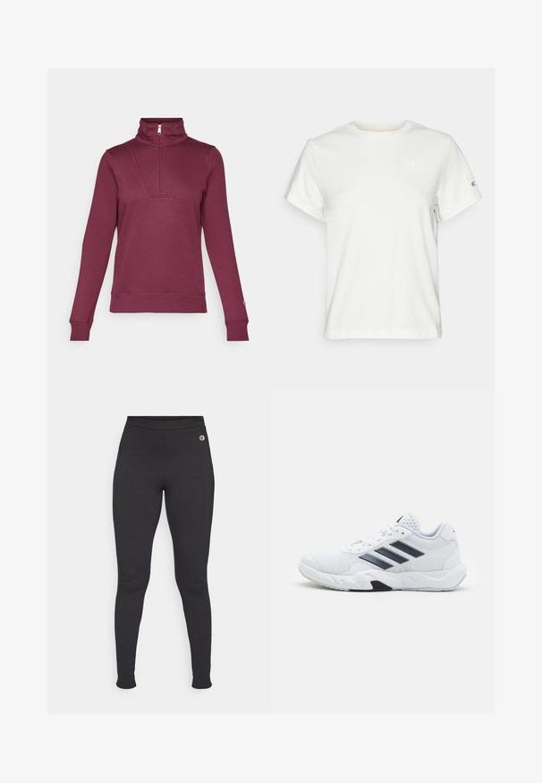 Bordo spalvos megztinis su pusiau užtrauktuku, ilgomis rankovėmis ir guma apibriestais rankogaliais. Yra priekinė įstatyta detalė ir švelni audinio tekstūra.; Balta trumpa medvilnė T-maišis su apvaliu iškirpimu ir maža logo virš kairės krūtinės pusės. Minkšta tekstūra ir standartinis pritaikymas.; Juodos pėdkelnės, pagamintos iš elastingos medžiagos, su aukštu juosmeniu ir mažu logotipo akcentu kairėje klubo srityje. Lygi tekstūra.; Baltas sportinis batelis su tinklelio viršumi, trimis juodomis juostelėmis šone, tekstūruotais akcentais ir tvirtu guminio pado su kontrastinga juoda dalimi.