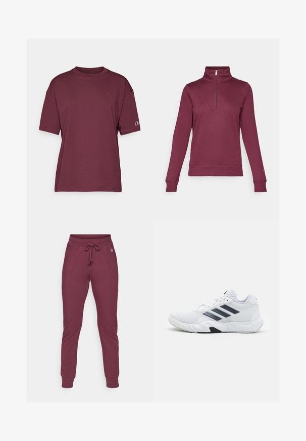 Burgundy huvtröja med halvdragkedja, långa ärmar och ribbade muddarmar. Har en insets detalj framtill och mjuk tygkvalitet.; Burgundy t-shirt med kort ärm i mjuk bomull, med rund halsringning och logotypdetalj på vänster bröst och ärm.; Burgundy sweatpants i mjukt tyg med dragsnodd i midjan, ribbade muddar och en liten logotyp på höften.; Vit sportskor med mesh-överdel, tre svarta ränder på sidan, texturerade detaljer och en stadig gummisula med en kontrasterande svart del.