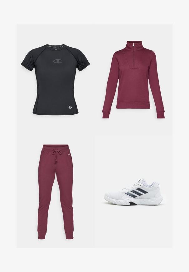 Sudadera de color marrón burdeos con cuello de media cremallera, mangas largas y puños acanalados. Presenta un detalle en la parte delantera y una textura de tela suave.; Camiseta deportiva negra hecha de tejido elástico. Presenta mangas cortas, cuello redondo y un logo sutil en el pecho y el dobladillo.; Pantalones de chándal burdeos en tejido suave con cintura elástica ajustable, puños acanalados y un pequeño logo en la cadera.; Zapatilla deportiva blanca con parte superior de malla, tres franjas negras a los lados, acentos texturizados y una suela de goma resistente con una sección negra en contraste.