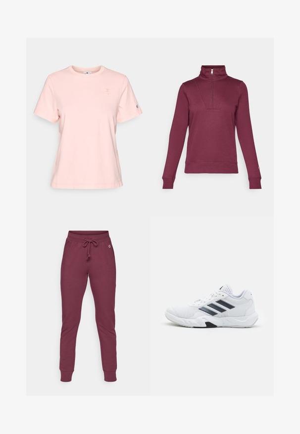 Bordo džemperis ar pus-izjaukumu, garām piedurknēm un ribotām aprocēm. Iespējas priekšējais ieliktņu detaļa un mīksta auduma faktūra.; Gaiši rozā īsai piedurknēm T-krekls, izgatavots no kokvilnas, ar mazu izšūtu logo uz krūtīm un logo akcentu uz piedurknes.; Bordo sporta bikses no mīksta auduma ar stingriem jostas vīlēm, ribotām piedurknēm un mazu logotipa akcentu gurnā.; Baltā sporta apavi ar sietu augšdaļu, trīs melnām svītrām sānos, teksturētām akcentiem un izturīgu gumijas zoli ar kontrastējošu melnu daļu.