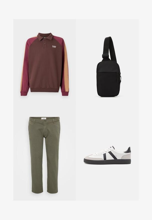 Long-sleeve brown polo shirt with burgundy and beige color-blocked sleeves and small white "Kaotiko society" logo on chest.; Olive green chinos with a straight cut, made of cotton with slight texture, featuring a button closure and belt loops.; White sneaker with black and gray accents, featuring a textured gray toe cap, black rubber sole, and flat white laces. Clean design, minimalist style.; Black crossbody bag made of durable fabric, featuring a single adjustable strap, a zippered main compartment, and a front pocket.