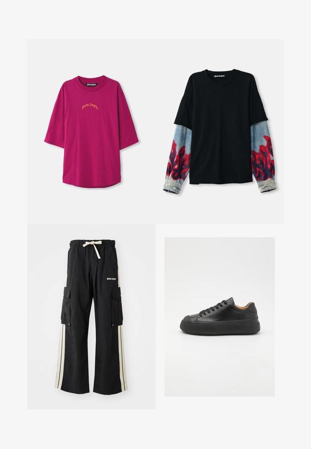 Fekete póló, túlsúlyos farmerujjakkal, piros lángmintákkal. Pamutból készült, kerek nyakkivágással és nyers szegélyezéssel rendelkezik.; Fukszia színű, túlméretezett pamut póló, rövid ujjakkal és kerek nyakkivágással. Az "Palm Angels" logó arany színben hímzett.; Fekete cargo nadrág elasztikus derékkal és zsinórral, krémszínű oldalsávokkal, több zsebbel és logós részlettel az elején.; Fekete bőr sportcipő kerek orral, fűzős elejével, sima textúrájával, vastag gumitalpával és kontrasztos barnás belsejével.