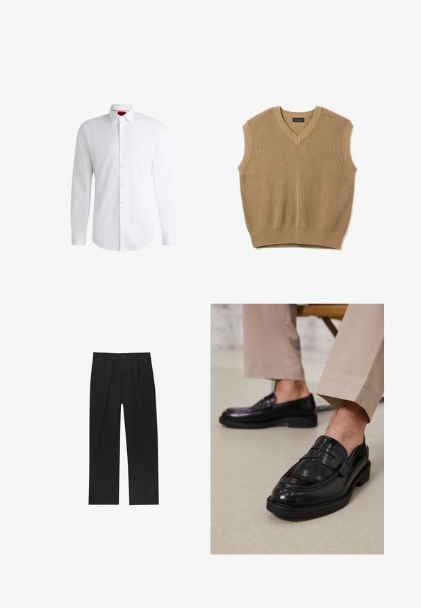 Beige ärmelloser Strickpullover mit V-Ausschnitt, strukturiertem Stoff und geripptem Saum. Markenlabel "PIOMBO" befindet sich am Ausschnitt.; Weißes Herrenhemd aus glattem Stoff mit klassischem Kragen, langen Ärmeln und abgerundetem Saum. Mit eleganten beigen Knöpfen an der Vorderseite.; Schwarze Hose mit geradem Schnitt, aus einem glatten Stoff gefertigt. Verfügt über Vorderfalten und einen einzelnen Knopfverschluss an der Taille.; Schwarze Lederloafers mit glatter Oberfläche, ausgestattet mit einem dekorativen Riemen und Kontrastnähten, kombiniert mit beigen Hosen.
