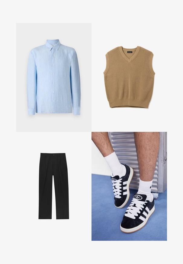 Beige ärmelloser Strickpullover mit V-Ausschnitt, strukturiertem Stoff und geripptem Saum. Markenlabel "PIOMBO" befindet sich am Ausschnitt.; Hellblaues, langärmliges Button-Down-Hemd aus strukturiertem Stoff. Verfügt über einen klassischen Kragen und eine durchgehende Knopfleiste.; Schwarze Hose mit geradem Schnitt, aus einem glatten Stoff gefertigt. Verfügt über Vorderfalten und einen einzelnen Knopfverschluss an der Taille.; Schwarze Wildledersneaker mit weißen Schnürsenkeln und drei weißen Streifen. Verfügt über ein kreisförmiges schwarzes Logo auf der Zunge und eine Gummisohle.