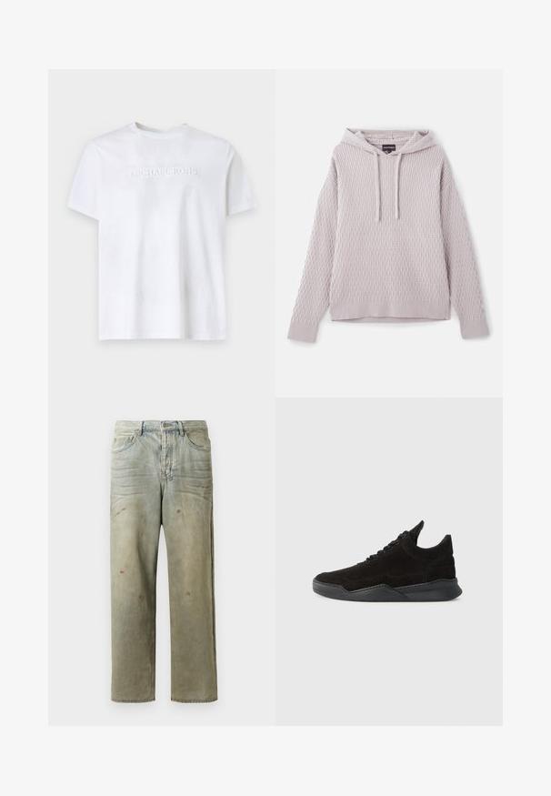 Emporio Armani Svetrík - rock ridge; Biely krátky rukáv s okrúhlym výstrihom a vystúpeným logom "MICHAEL KORS" umiestneným na hrudi proti jednolitému pozadiu.; Zničené džínsy vo svetlozelenej farbe s rovnými nohavicami, piatimi vreckami a nerovnomerným vyblednutím so škvrnami od farby.; Čierne semišové tenisky s nízkym profilom, textúrovaným zvrškom, plochými šnúrkami a pevným gumovým podpätkom s jemným zdvihom a zakriveným dizajnom.