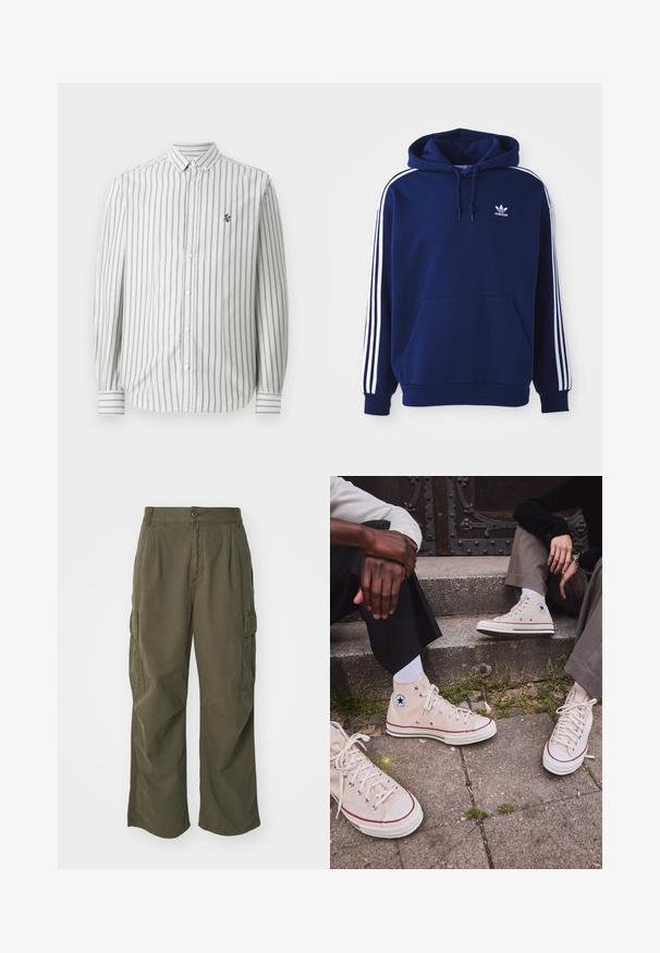 Sudadera azul marino hecha de una mezcla de algodón, con franjas blancas en los lados, una capucha ajustable con cordón y un bolsillo tipo canguro en el frente.; Camisa abotonada con rayas verticales en gris y blanco. Mangas largas, cuello estándar y un pequeño logo en el lado izquierdo del pecho. Material de algodón.; Pantalones cargo en verde oliva, fabricados en algodón, con un diseño de pierna ancha, pliegues y bolsillos laterales para mayor utilidad.; Zapatillas de lona beige de caña alta con franja roja, suela de goma blanca y ojales de metal, con el icónico logo de estrella en el lateral.