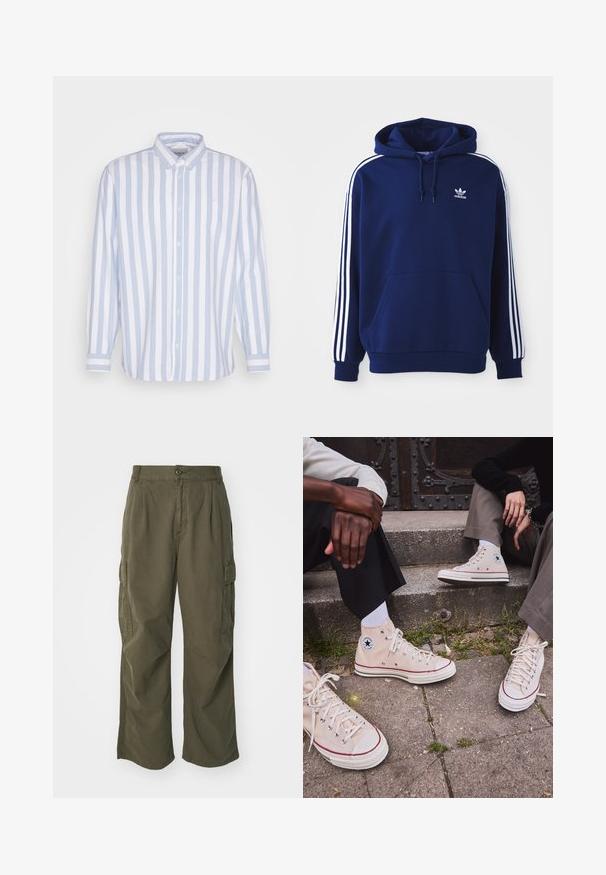 Tumed sinine kapuutsiga sviiter, mis on valmistatud puuvillase segu materjalist, sisaldab valgeid küljeribasid, reguleeritavat nööriga kapuutsi ja eesmist känguru taskut.; Heledsinise ja valgetriibuline pika varrukaga särk, millel on nööbiga krae, vasakul küljel tasku ja nööbid mansettidel.; Olivi rohelised cargo püksid, valmistatud puuvillast, laia jala disainiga, voldikute ja küljetaskutega praktilisuse huvides.; Beige kõrge säärega kanvas tennised punase ribaga, valge kummitald ja metallist silmad, mille külje peal on ikooniline tähe logo.