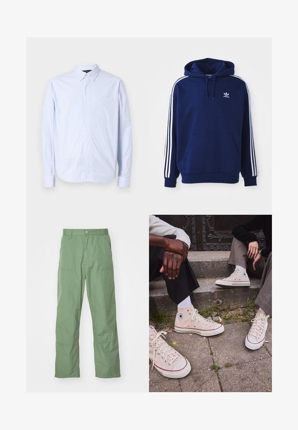 Navy blue hoodie made of cotton blend, features white side stripes, an adjustable drawstring hood, and a front kangaroo pocket.; Button-up shirt in light blue and white vertical stripes. Features a collar, long sleeves, and a chest pocket. Made from woven fabric.; Light green, relaxed-fit pants with a smooth texture, featuring side pockets and visible stitching details. Full-length with a straight leg design.; High-top beige canvas sneakers with red stripe, white rubber sole, and metal eyelets, featuring iconic star logo on the side.