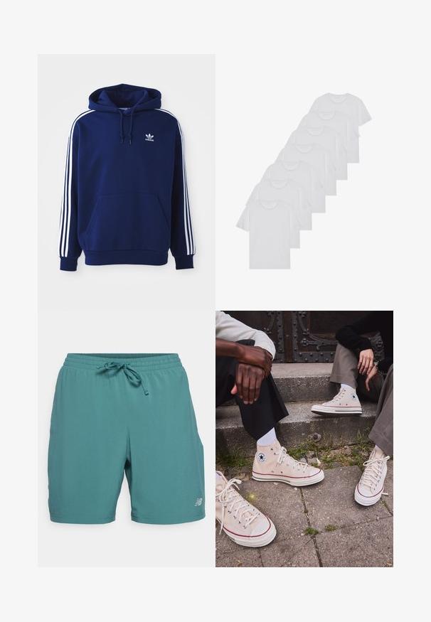 Tamsiai mėlyna megztinis su gobtuvu, pagamintas iš medvilnės mišinio, turi baltas šonines juosteles, reguliuojamą raištelį ant gobtuvo ir priekines kengūrinės kišenes.; Baltos medvilninės marškinėliai, trumpomis rankovėmis, apvaliu kaklu, lygia tekstūra, sušluoti į eilę, su subtiliu prekės ženklu ant kaklo.; New Balance ESSENTIALS - Sportiniai šortai - new spruce; Aukštakulniai bežiniai drobės sportbačiai su raudona juostele, balta guma padu, metaliniais užsegimais, su ikonišku žvaigždės logotipu šone.