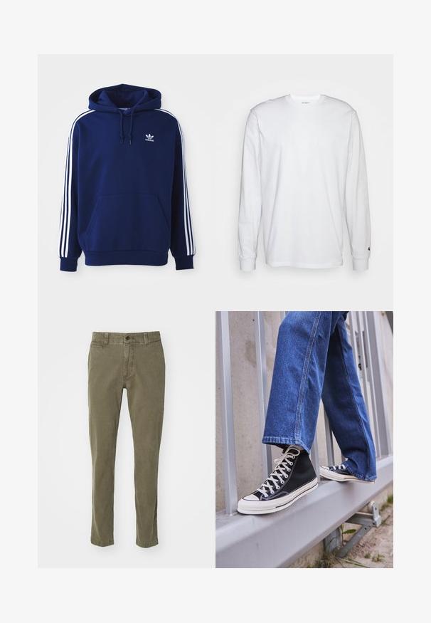 Navy blauwe hoodie van katoenmix, met witte zijkanten, een verstelbare trekkoordkap en een voorste kangoeroezak.; Witte lange mouwen T-shirt van katoen. Ronde hals ontwerp met ribgebreide manchetten en een klein logo op de linkermouw. Gladde textuur.; Olijfgroene broek van katoen, met een recht model, vijf zakken en een enkele knoopsluiting in de taille.; Zwarte hoge sneakers met witte zool en veters, gecombineerd met losse blauwe denim jeans, rustend op een grijze leuning.