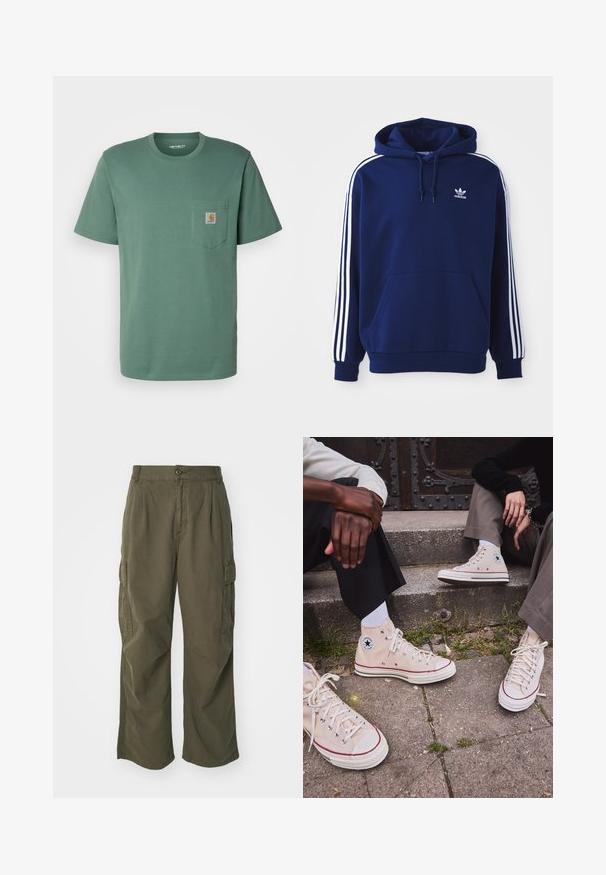 Tamsiai mėlyna megztinis su gobtuvu, pagamintas iš medvilnės mišinio, turi baltas šonines juosteles, reguliuojamą raištelį ant gobtuvo ir priekines kengūrinės kišenes.; Carhartt WIP POCKET - Paprasti marškinėliai - duck green; Olive žalių spalvos krovinių kelnės, pagamintos iš medvilnės, su plačiomis kojomis, raukšlėmis ir šoninėmis kišenėmis praktiškumui.; Aukštakulniai bežiniai drobės sportbačiai su raudona juostele, balta guma padu, metaliniais užsegimais, su ikonišku žvaigždės logotipu šone.