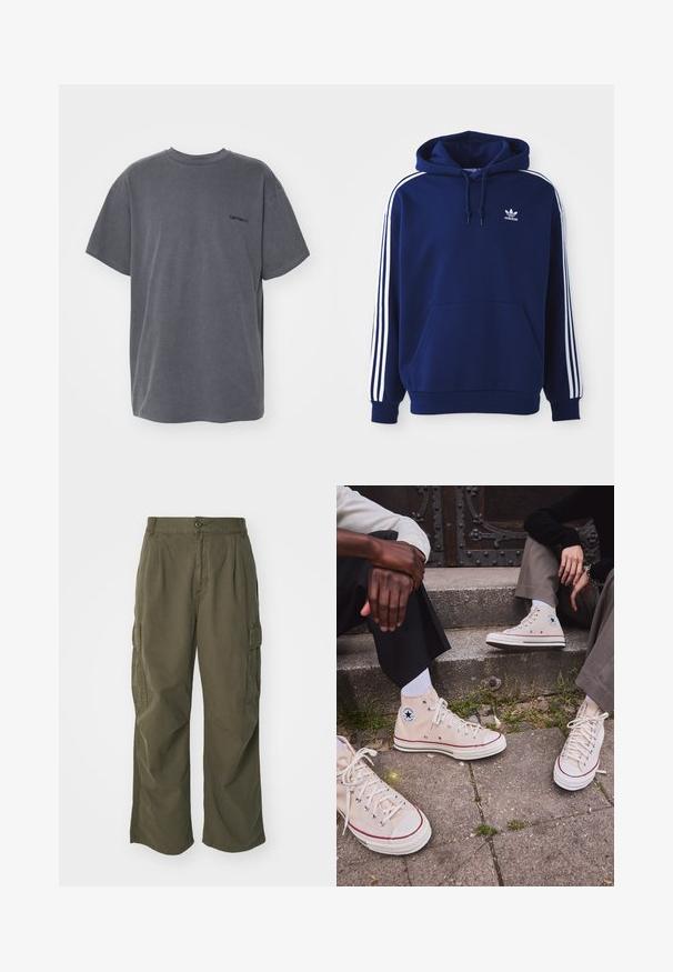 Marinblå hoodie i en bomullsblandning, med vita sidosträck, justerbar dragsko på huvan och en framficka i kängurustil.; Carhartt WIP DUSTER SCRIPT - T-shirt - bas - black; Cargo-byxor i olivgrön, tillverkade av bomull, med vid bendesign, veck och sidofickor för funktion.; Höga beige kanvas sneakers med röd rand, vit gummisula och metallhål, som har den ikoniska stjärnlogotypen på sidan.