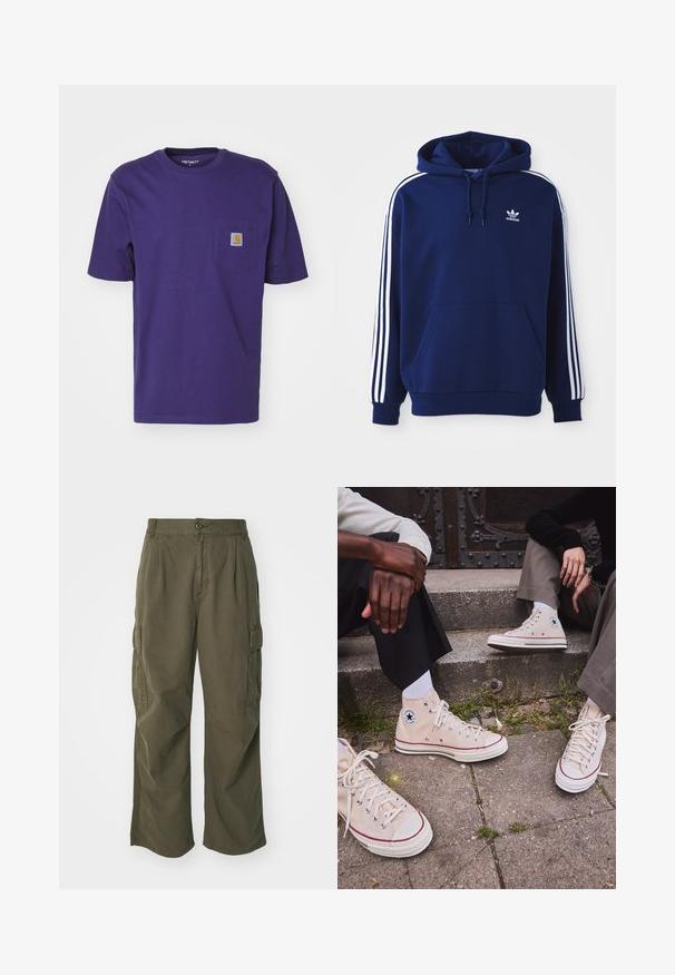 Tengerészkék kapucnis pulóver, pamut keverékből készült, fehér oldalsávokkal, állítható húzókás kapucnival és elülső kenguruzsebbe.; Carhartt WIP POCKET - Basic póló - aura; Olívazöld cargo nadrág, pamutból készült, széles lábú kialakítással, plisszírozással és oldalsó zsebekkel a funkcionalitás érdekében.; Magas szárú bézs vászon tornacipő piros csíkkal, fehér gumitalppal és fém fűzőlyukakkal, az oldalukon ikonikus csillaglogóval.