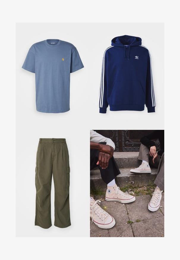 Temno modra kapuca narejena iz bombažnega blaga, z belimi stranskimi črtami, nastavljivo kapuco s vrvico in sprednjim kengurujskim žepom.; Carhartt WIP CHASE - Navadna majica - positano/gold; Kargo hlače v olivno zeleni barvi, izdelane iz bombaža, s širokim krojem, nabranimi detajli in stranskimi žepi za praktičnost.; Bež platnene visoke teniske z rdečo črto, belim gumijastim podplatom in kovinskimi očesi, z ikoničnim zvezdastim logotipom na strani.