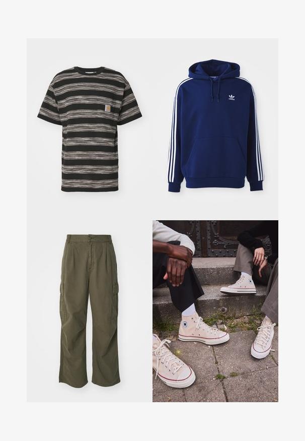 Tumed sinine kapuutsiga sviiter, mis on valmistatud puuvillase segu materjalist, sisaldab valgeid küljeribasid, reguleeritavat nööriga kapuutsi ja eesmist känguru taskut.; Lühikeste varrukatega must T-särk, mis on kaunistatud heledates toonides horisontaalsete triipudega, vasakul rinnatükil on logopatch ja ümmargune kaelus.; Olivi rohelised cargo püksid, valmistatud puuvillast, laia jala disainiga, voldikute ja küljetaskutega praktilisuse huvides.; Beige kõrge säärega kanvas tennised punase ribaga, valge kummitald ja metallist silmad, mille külje peal on ikooniline tähe logo.