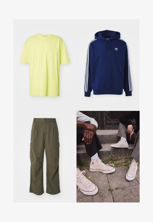 Felpa blu navy realizzata in misto cotone, presenta strisce bianche laterali, un cappuccio con cordino regolabile e una tasca a kangaroo frontale.; T-shirt a maniche corte in cotone giallo brillante, con colletto rotondo e un logo discreto sul lato sinistro del petto. Texture liscia, vestibilità comoda.; Pantaloni cargo in verde oliva, realizzati in cotone, con un design a gamba larga, pieghe e tasche laterali per utilità.; Sneakers alte in tela beige con striscia rossa, suola in gomma bianca e occhielli metallici, con l'iconico logo a stella sul lato.