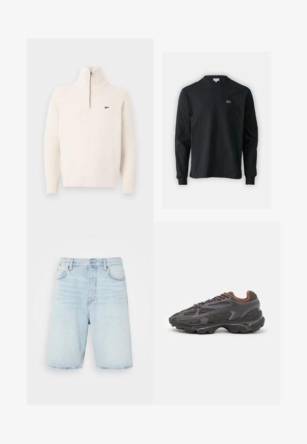 Cream-colored textured knit sweater with a quarter zip collar and a small green embroidered crocodile logo on the chest.; Black long-sleeve t-shirt made of cotton, featuring a round neckline and a small green embroidered crocodile logo on the left chest.; Light blue denim shorts with a high waist, button closure, and five-pocket style. Features subtle fading and a straight leg cut.; Lacoste sneakers in dark gray with mesh and synthetic material, featuring a textured sole and brown accents on the collar and branding.