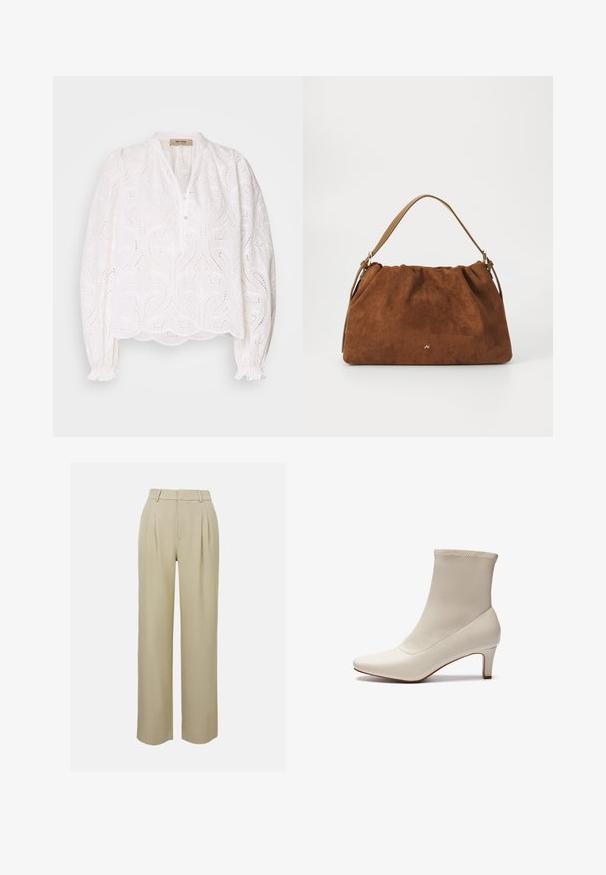 Knitted sweater in cream and dark brown. Features a geometric pattern, ribbed neckline and hem, long sleeves, and a cropped cut.; White blouse with intricate cut-out pattern, buttoned front, round neckline, and elasticized cuffs. Soft fabric, loose fit, scalloped hem.; Beige wide-leg trousers made of smooth fabric, featuring front pleats, a tailored waistband, and side pockets. Clean hem finish.; White ankle boot made of smooth leather with a pointed toe and a short, tapered heel. Features a minimalist design and seamless upper.; Brown suede handbag with a gathered design, featuring a single tan leather strap and a subtle gold logo detail on the front.