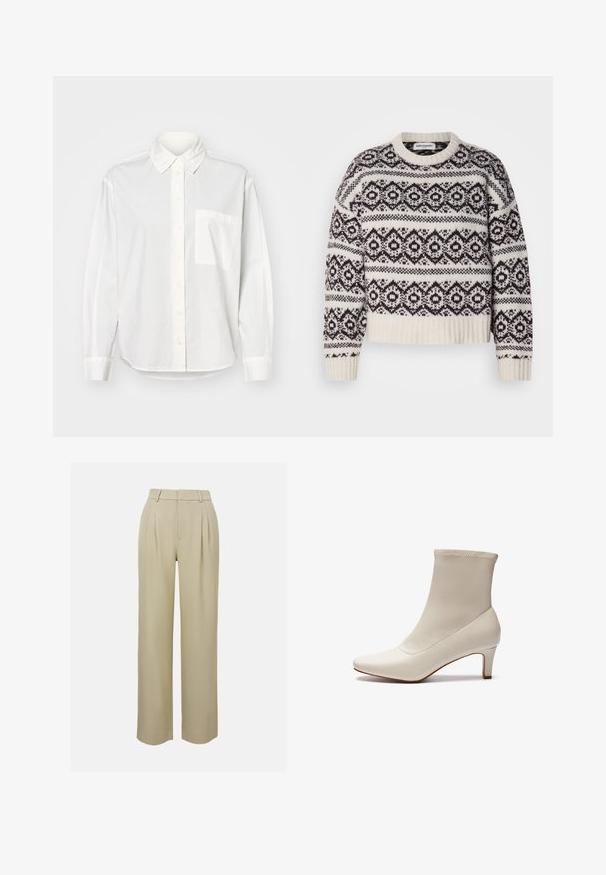 Pulover tricotat în crem și maro închis. Prezintă un model geometric, guler și tiv cu nervuri, mâneci lungi și o croială scurtă.; Cămașă albă cu mânecă lungă, cu guler tip button-down, închidere frontală cu nasturi și buzunar pe pieptul stâng. Fabricată dintr-un material neted, cu o croială lejeră.; Pantaloni bej cu picioare largi, confecționați dintr-un material neted, cu pliuri frontale, talie croită și buzunare laterale. Terminare curată a tivului.; Botine albe, din piele lucioasă, cu vârf ascuțit și toc scurt, conic. Au un design minimalist și un superior fără cusături.