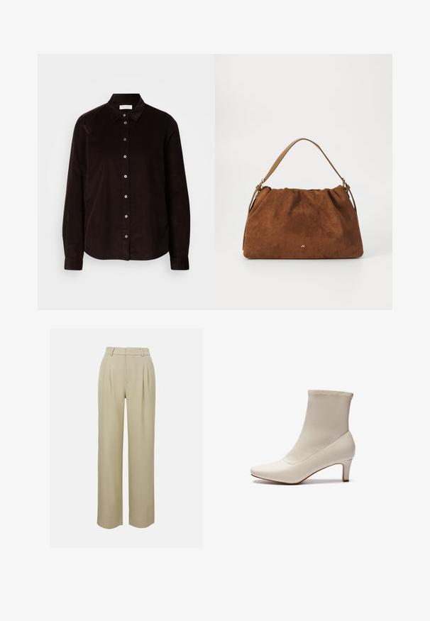 Gebreide trui in crème en donkerbruin. Voorzien van een geometrisch patroon, geribbelde halslijn en zoom, lange mouwen en een cropped snit.; Donkerbruin flanellen overhemd met lange mouwen, kraag en knoopsluiting aan de voorkant, plat weergegeven tegen een lichte achtergrond.; Beige wijde broek van gladde stof, voorzien van voorplooien, een op maat gemaakte tailleband en zijzakken. Schoon afgewerkte zoom.; Witte enkelboot gemaakt van glad leer met een spitse neus en een korte, taps toelopende hak. Beschikt over een minimalistisch ontwerp en een naadloos bovenwerk.; Bruine suède handtas met een geplooid ontwerp, voorzien van een enkele tan kleur leren schouderband en een subtiele gouden logo-detail aan de voorkant.