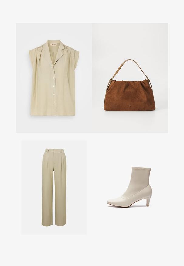 Pletený sveter v krémovej a tmavo hnedej farbe. Obsahuje geometrický vzor, rebrovaný výstrih a lem, dlhé rukávy a skrátený strih.; Svetlo béžová blúzka s krátkymi puff rukávmi, predným zapínaním na gombíky a jemným golierom. Vyrobená z mäkkého, ľahkého materiálu.; Bežové nohavice s širokým strihom vyrobené z hladkej tkaniny, s prednými záhybmi, prispôsobeným pásom a bočnými vreckami. Čistý lem.; Biele kotníkové topánky vyrobené z hladkej kože s špicatou špičkou a krátkym, zúženým opätkom. Majú minimalistický dizajn a bezšvový zvršok.; Hnedá semišová kabelka s nariaseným dizajnom, s jedným koženým remienkom v svetlohnedej farbe a jemným zlatým logom na prednej strane.