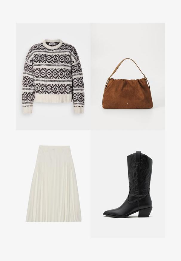 Suéter de punto en crema y marrón oscuro. Presenta un patrón geométrico, cuello y dobladillo de canalé, mangas largas y un corte corto.; Falda blanca, de longitud a la rodilla, hecha de una tela ligera que presenta pliegues, una cinturilla con cierre de botón y bolsillos laterales.; Botas de vaquero de cuero negro con punta afilada, patrones en relieve en espiral y un tacón de altura media. Presentan una lengüeta para facilitar el uso.; Bolso de ante marrón con un diseño fruncido, que cuenta con una sola correa de piel marrón y un sutil detalle del logo dorado en la parte frontal.