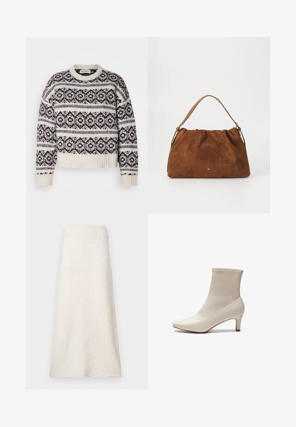 Sweter dziany w kolorze kremowym i ciemnobrązowym. Charakteryzuje się geometrycznym wzorem, ściągaczem przy dekolcie i dolnej krawędzi, długimi rękawami oraz krótkim krojem.; Spódnica ręcznikowa do kolan w kolorze kremowym, wykonana z fakturowanej tkaniny, z prążkowanym pasem w talii oraz luźnym, swobodnym krojem.; Białe botki za kostkę wykonane z gładkiej skóry, z ostro zakończonym noskiem i krótkim, zwężającym się obcasem. Charakteryzują się minimalistycznym designem i bezszwowym cholewką.; Brązowa torebka z zamszu o marszczonym wzorze, z pojedynczym paskiem w kolorze tan i subtelnym złotym logo z przodu.