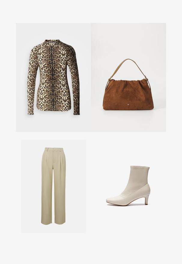 Knitted sweater in cream and dark brown. Features a geometric pattern, ribbed neckline and hem, long sleeves, and a cropped cut.; Long-sleeve top in a leopard print pattern, featuring a beige and brown design with a fitted shape and rounded neckline. Smooth texture.; Beige wide-leg trousers made of smooth fabric, featuring front pleats, a tailored waistband, and side pockets. Clean hem finish.; White ankle boot made of smooth leather with a pointed toe and a short, tapered heel. Features a minimalist design and seamless upper.; Brown suede handbag with a gathered design, featuring a single tan leather strap and a subtle gold logo detail on the front.