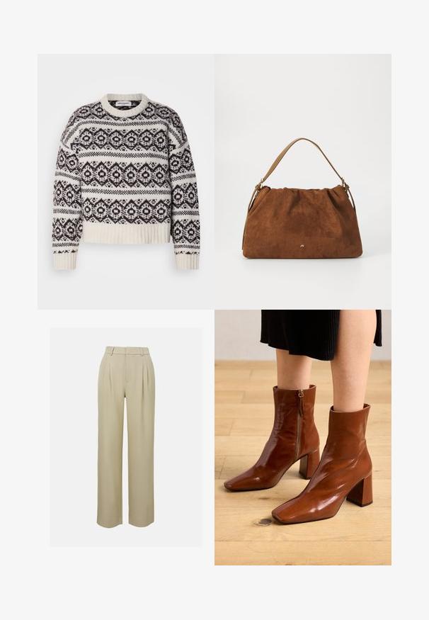 Krém és sötétbarna kötött pulóver. Geometrikus mintával, bordás nyakkivágással és szegéllyel, hosszú ujjaival és rövidített fazonnal rendelkezik.; Sima szövetből készült bézs, bő szárú nadrág, elöl redőkkel, szabott derékkal és oldalsó zsebekkel. Tiszta szegés.; Barna bőr bokacsizma fényes felülettel, négyzetes orral, tömbsarkal és oldalsó cipzárral, világos fa padlón elhelyezve.; Barna velúr kézitáska, gyűjtött kialakítással, egyetlen világosbarna bőrszíjjal és egy diszkrét arany logós részlettel az elején.