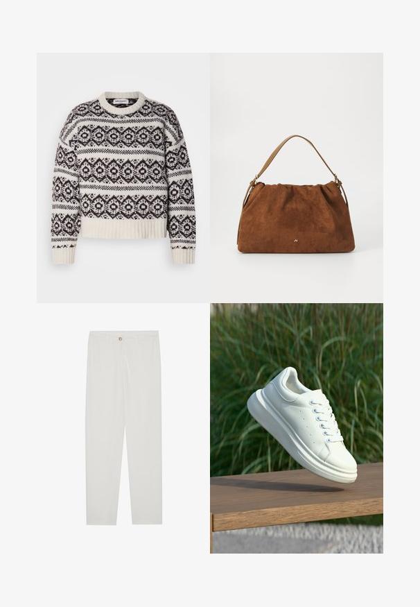 Gebreide trui in crème en donkerbruin. Voorzien van een geometrisch patroon, geribbelde halslijn en zoom, lange mouwen en een cropped snit.; Witte, op maat gemaakte broek met een rechte pijpdesign, featuring een knoopsluiting, riemlussen en zijzakken; gladde stoftextuur.; Witte leren sneaker met ronde neus, gladde textuur en contrasterende veters. Heeft ventilatiegaten en een dikke rubberen zool voor comfort.; Bruine suède handtas met een geplooid ontwerp, voorzien van een enkele tan kleur leren schouderband en een subtiele gouden logo-detail aan de voorkant.