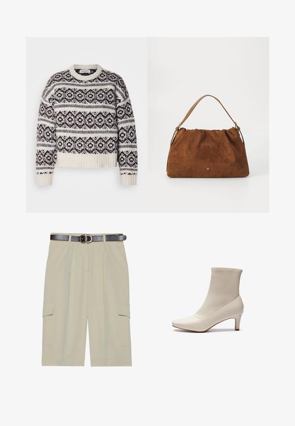 Pleteno pulover v kremni in temno rjavi barvi. Ima geometrijski vzorec, rebrast ovratnik in rob, dolge rokave ter skrajšan kroj.; Bež kratke hlače s cargo stilom in sproščenim krojem, z dvema stranskima žepoma in rjavim pasom s okroglo spono, gladka tekstura blaga.; Bela gležna čizma iz gladke kože s špicastim prstom in kratko, ožjo peto. Ima minimalističen dizajn in brezšivno zgornje delo.; Rjava nubukova torbica z nabranim dizajnom, ki ima en sam tanek usnjen ročaj in subtilno zlate podrobnosti s logotipom na sprednji strani.